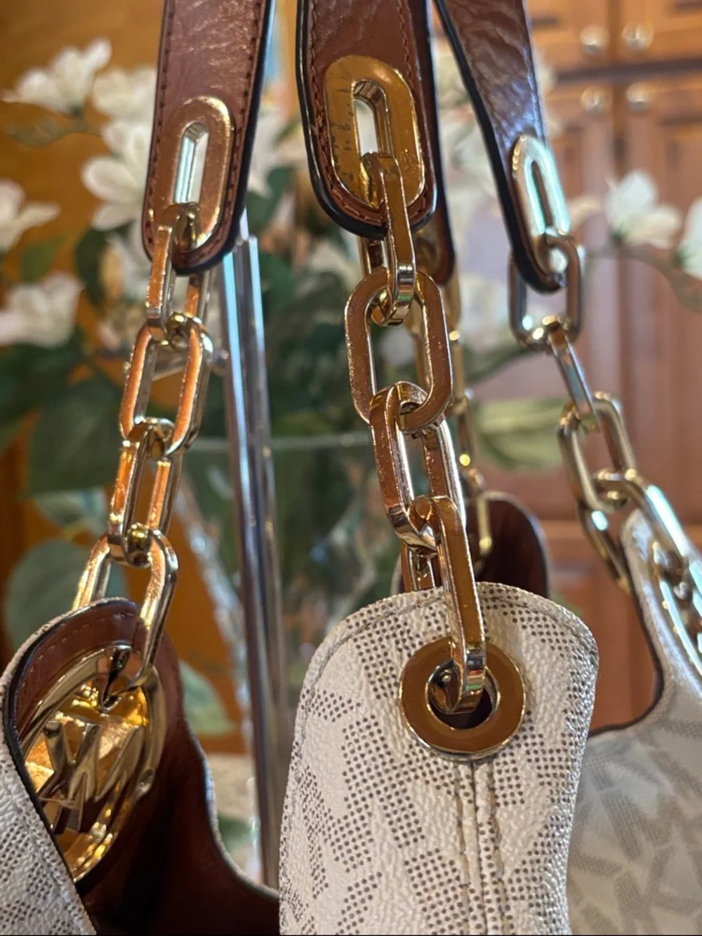 Michael Kors Fulton Large Chain Shoulder Tote in a vanilla MK pattern with Brown - Picture 8 of 17